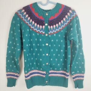 Vintage Lady Clansmen blue fair isle wool angora silver button cardigan sweater